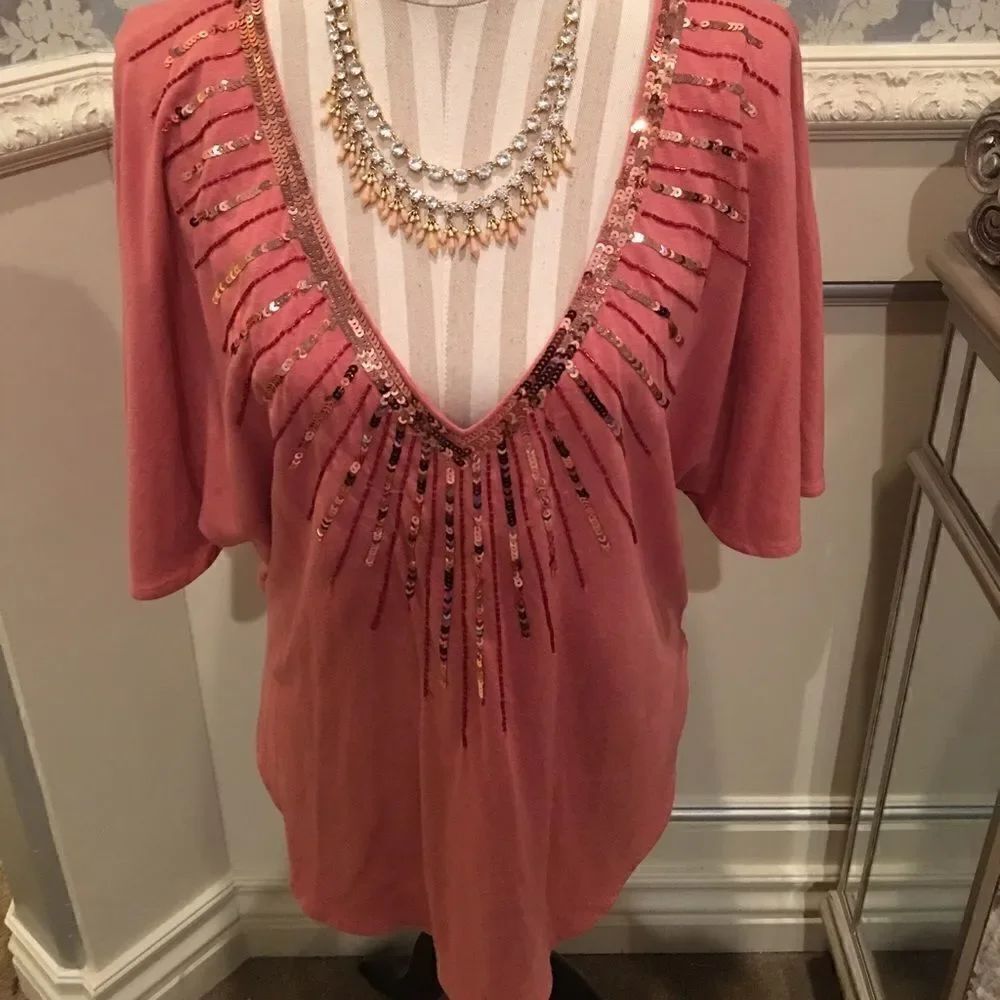 Coral V Neck Sequin Burst Top!